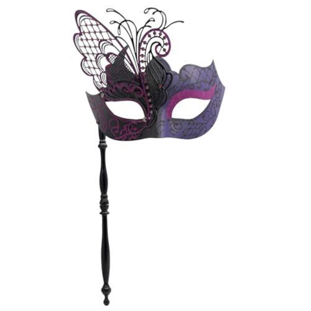 1647 Masquerade Mask With Stick - Mysterious Venetian Butterfly Mask